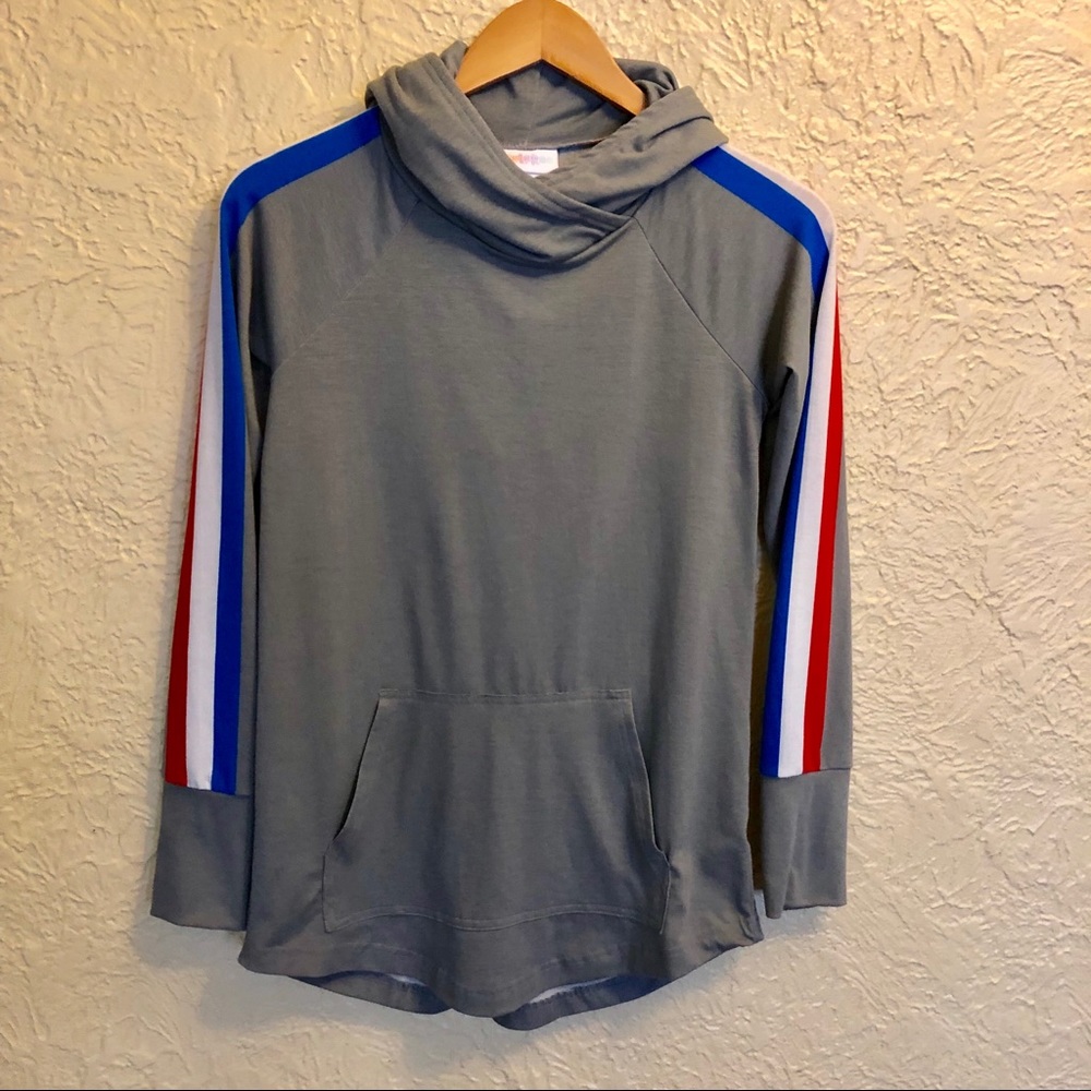 Lularoe Amber Hoodie Gray America Stripe Sleeve XS